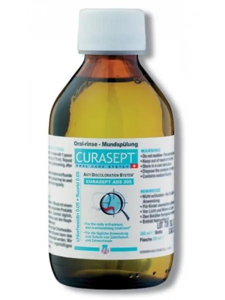 CURASEPT ADS 205 burnos skalavimo skystis su chlorheksidinu 0,05% ir fluoridu 0,05% 200ml