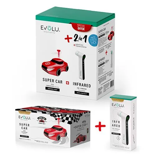 EVOLU rinkinys inhaliatorius SUPER CAR + termometras nfraraudonųjų spindulių Non Contact