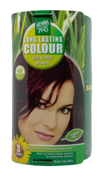 HENNAPLUS plaukų dažai ilgalaikiai su 9 ekologiškais augaliniais ekstraktais spalva raudona violetinė ruda 4.67