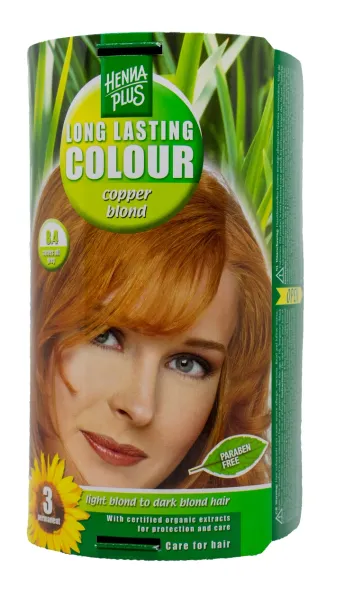 HENNAPLUS plaukų dažai ilgalaikiai su 9 ekologiškais augaliniais ekstraktais spalva vario auksinė 8.4