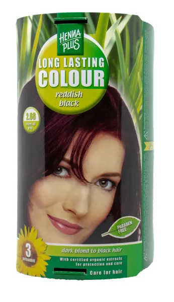 HENNAPLUS plaukų dažai ilgalaikiai su 9 ekologiškais augaliniais ekstraktais spalva rausvai juoda 2.66