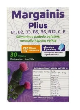 Maisto papildas Margainis Plus B1, B2, B3, B5, B6, B12, C, E kepenų veikla N30