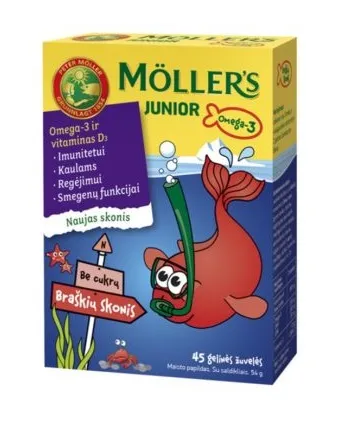 Maisto papildas MOLLER'S JUNIOR OMEGA-3 braškių skonio kramtomos žuvelės N45