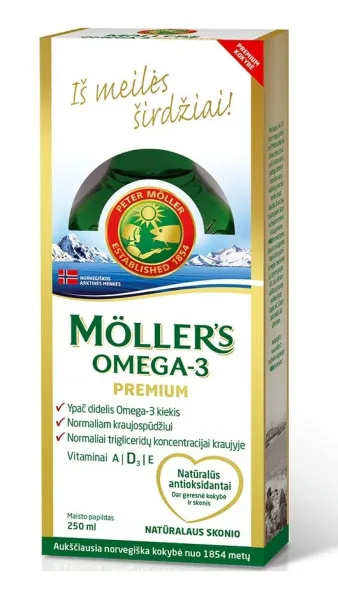 Žuvų taukai MOLLER'S OMEGA-3 Premium 250ml maisto papildas