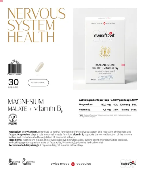 Maisto papildas SWISSOVIT Magnio malatas + vitaminas B6 kapsulės N30
