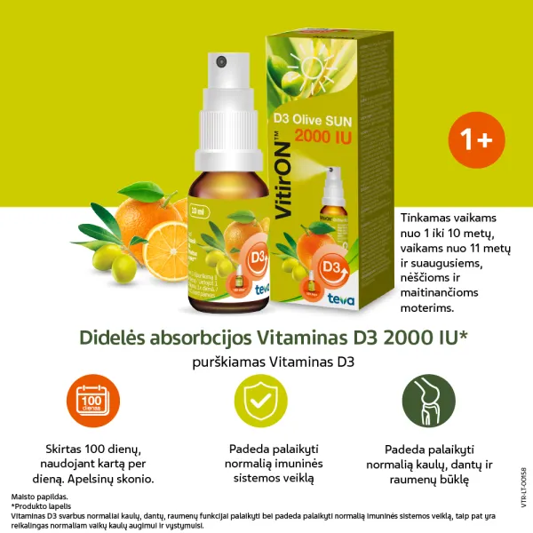 Maisto papildas VITIRON D3 Olive Sun 2000IU purškalas 10ml
