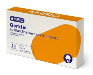 Maisto papildas AMBIO Gerklei su islandine kerpena ir imbieru čiulpiamosios tabletės N20