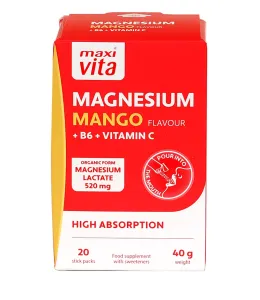 Maisto papildas MAXIVITA Magnesium MANGO (magnio laktatas 520mg) + B6, C miltelių pakeliuose N20