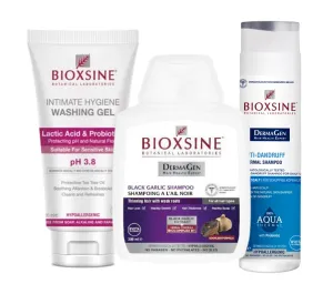BIOXSINE rinkinys: Bioxsine su juoduoju česnaku 300ml + Thermal nuo pleiskanų 300ml + Intymios higienos prausiklis 200ml