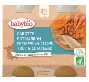 BABYBIO ekologiška daržovių ir upėtakio tyrelė (nuo 8 mėn.) 2x200g