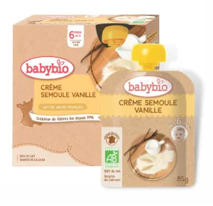 BABYBIO ekologiška manų kruopų kremo su vanile tyrelė (nuo 6 mėn.) 4x85g