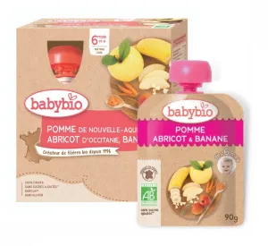BABYBIO ekologiška obuolių, abrikosų ir bananų tyrelė (nuo 6 mėn.) 4x90g
