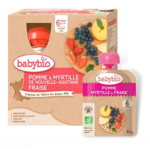BABYBIO ekologiška obuolių, mėlyniu ir braškių tyrelė (nuo 6 mėn.) 4x90g