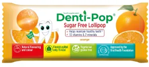 DENTI-POP apelsinų skonio čiulpinukas praturtintas 12 vitaminų ir 2 mineralų kompleksu