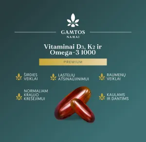 Maisto papildas GAMTOS NAMAI Vitaminai D3 ir K2 Plius OMEGA - 3 1000 Premium kapsulės N60