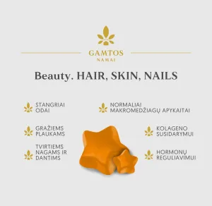 Maisto papildas GAMTOS NAMAI Beauty HAIR, SKIN, NAILS (aviečių ir mėlynių skonio guminukai) N60