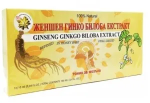 Maisto papildas ŽENŠENIS + GINKO BILOBA ekstraktas (skystas buteliukuose) 10x10ml