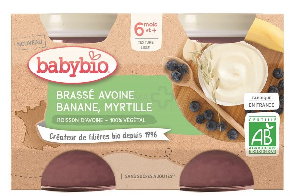 BABYBIO ekologiška avižų jogurto, bananų ir mėlynių tyrelė (nuo 6 mėn.) 2x130g