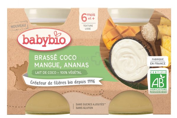 BABYBIO ekologiška kokosų pieno, mangų, ananasų ir ryžių tyrelė (nuo 6 mėn.) 2x130g